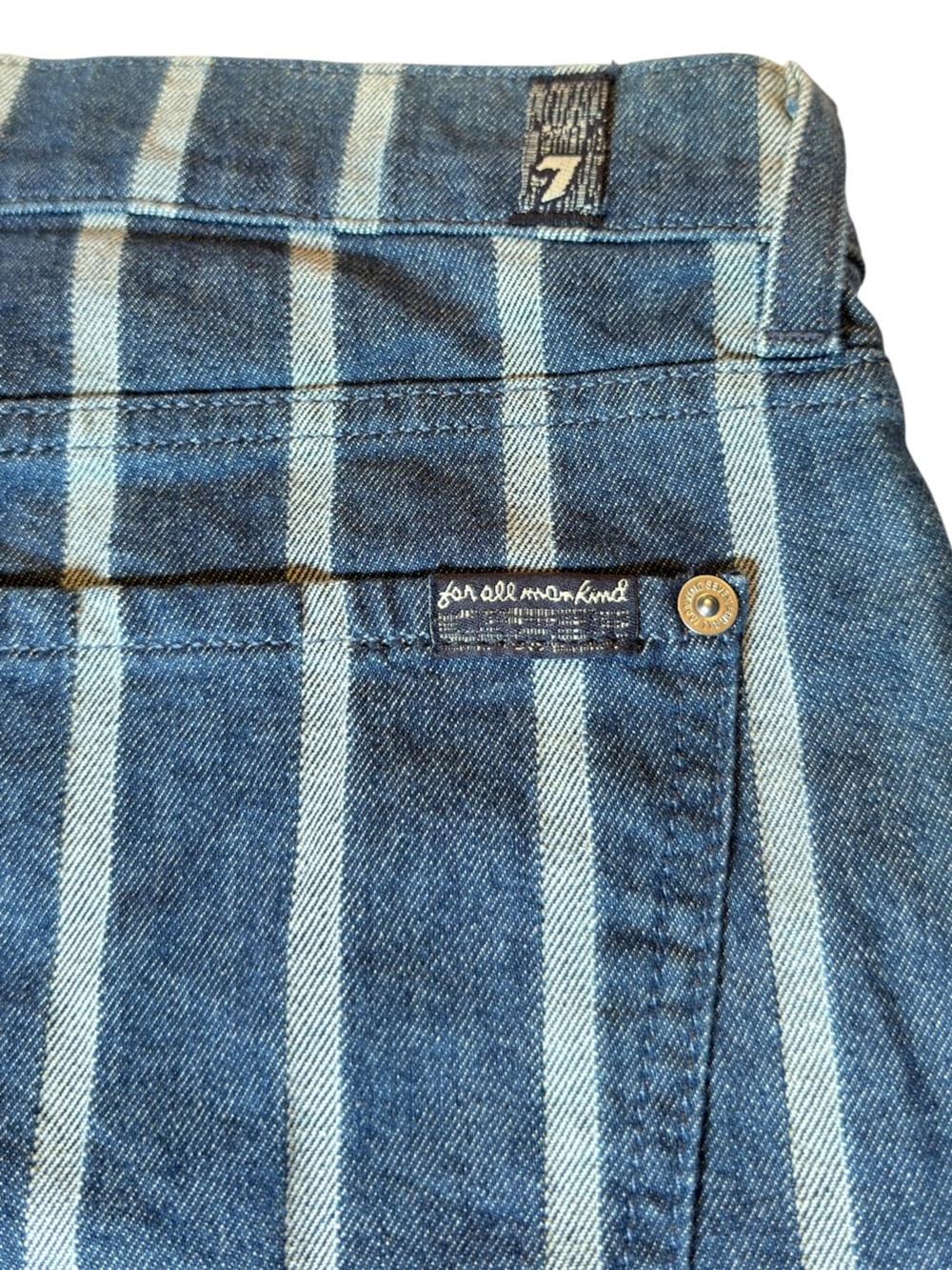 7 For All Mankind Blue Striped Frayed Hem Denim Shorts - Picture 3 of 4